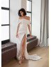 Off Shoulder Ivory Shining Satin Slit Wedding Dress